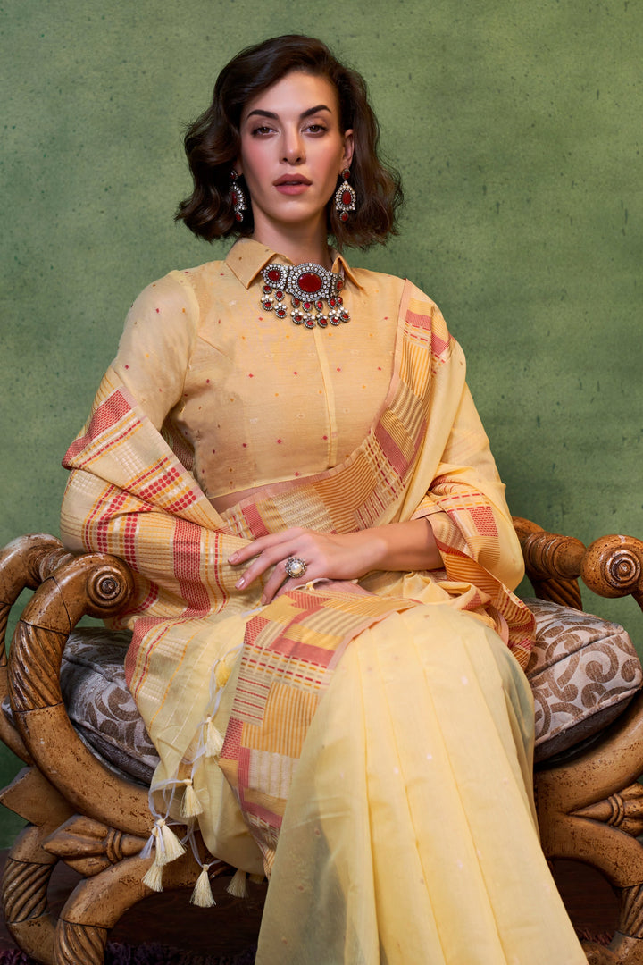 Cream Color Exquisite Handloom Weaving Fancy Cotton Saree | Buy Online India