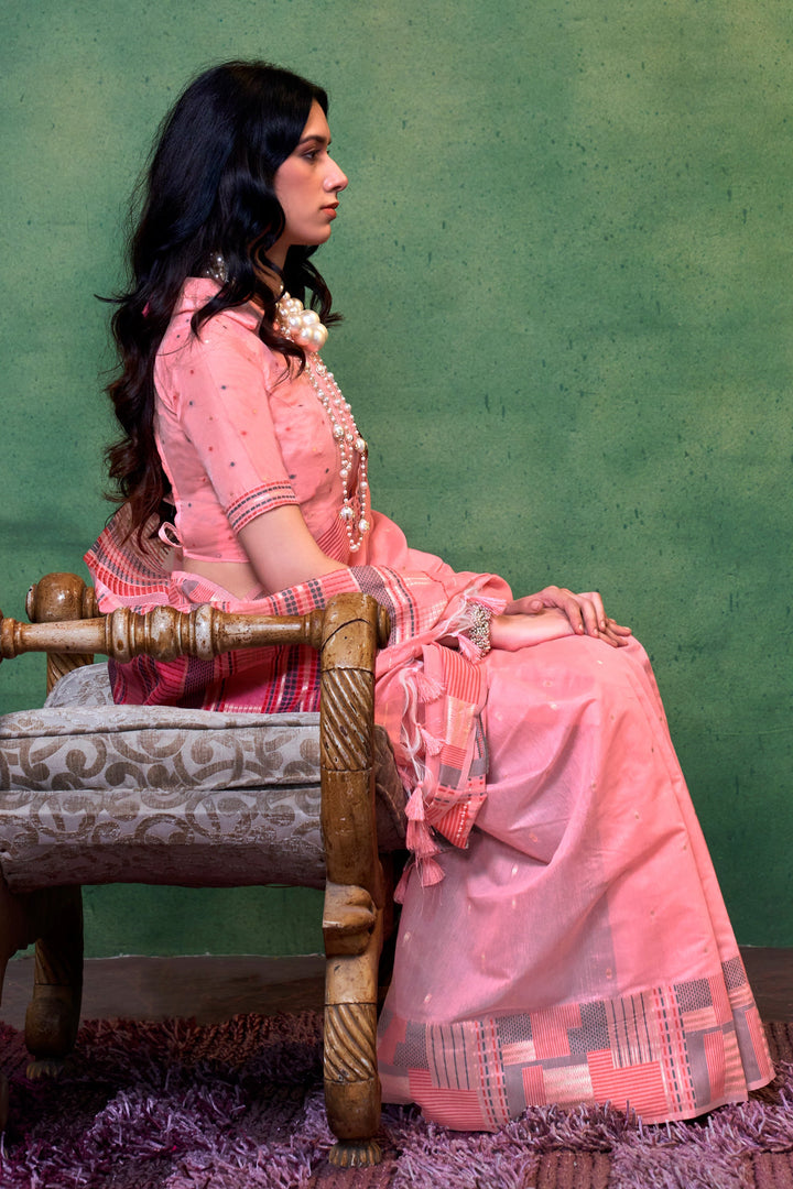 Handloom Weaving Attractive Fancy Cotton Saree In Pink Color | Buy Online India