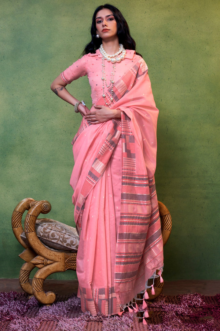 Handloom Weaving Attractive Fancy Cotton Saree In Pink Color | Buy Online India