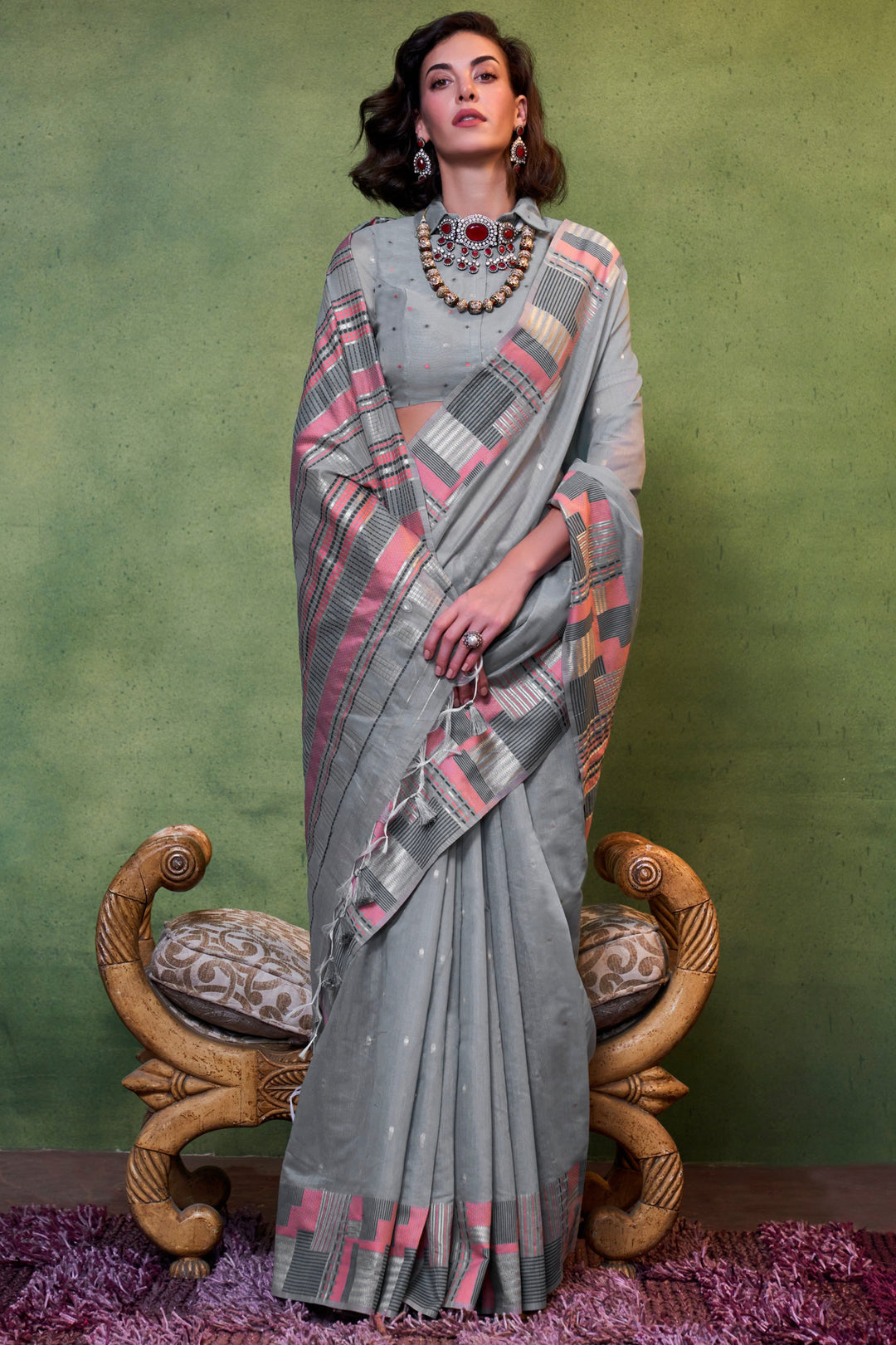 Alluring Grey Color Handloom Weaving Fancy Cotton Saree | Buy Online India