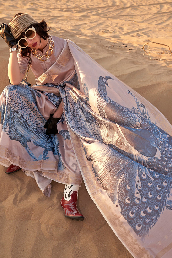 Embellished Chikoo Color Floral Printed Art Silk Saree | Buy Online India