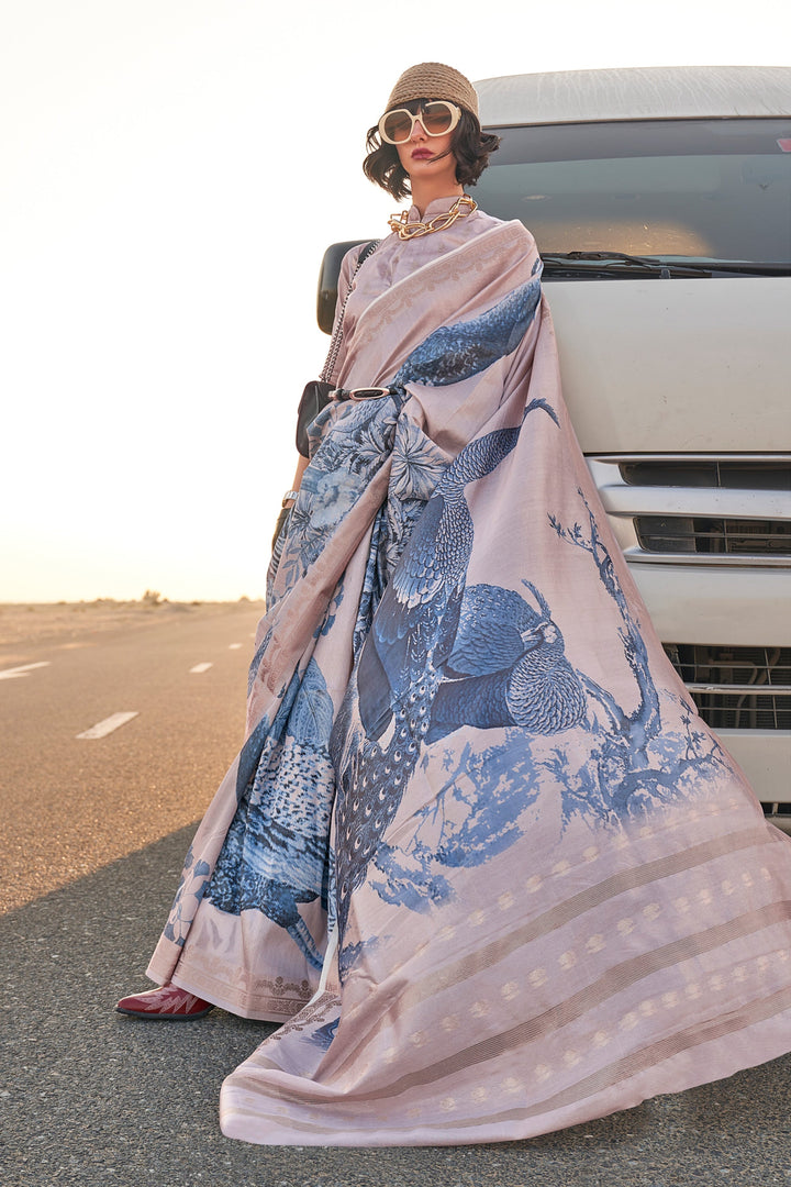 Embellished Chikoo Color Floral Printed Art Silk Saree | Buy Online India
