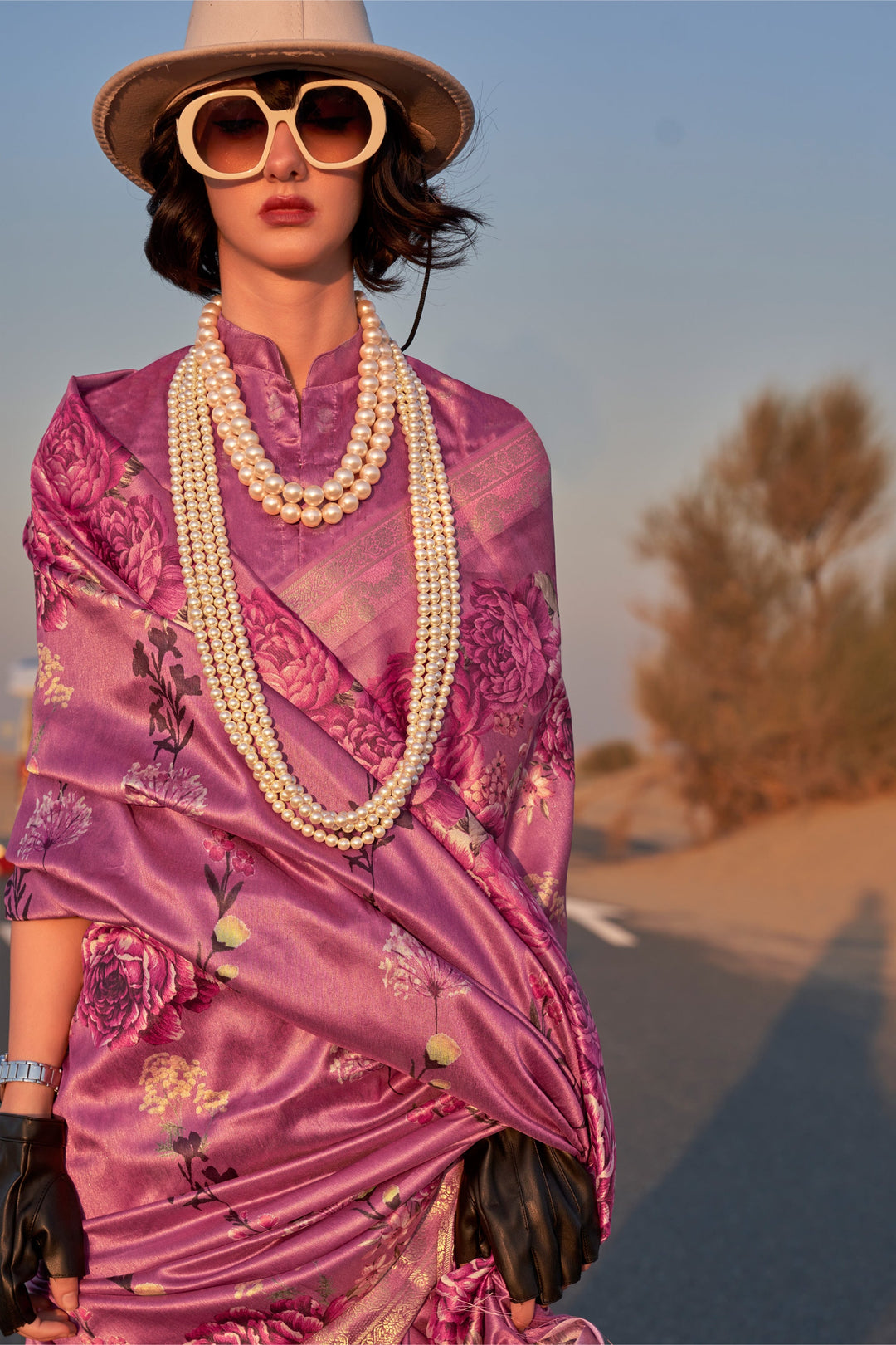 Pink Color Fascinating Floral Printed Art Silk Saree | Buy Online India