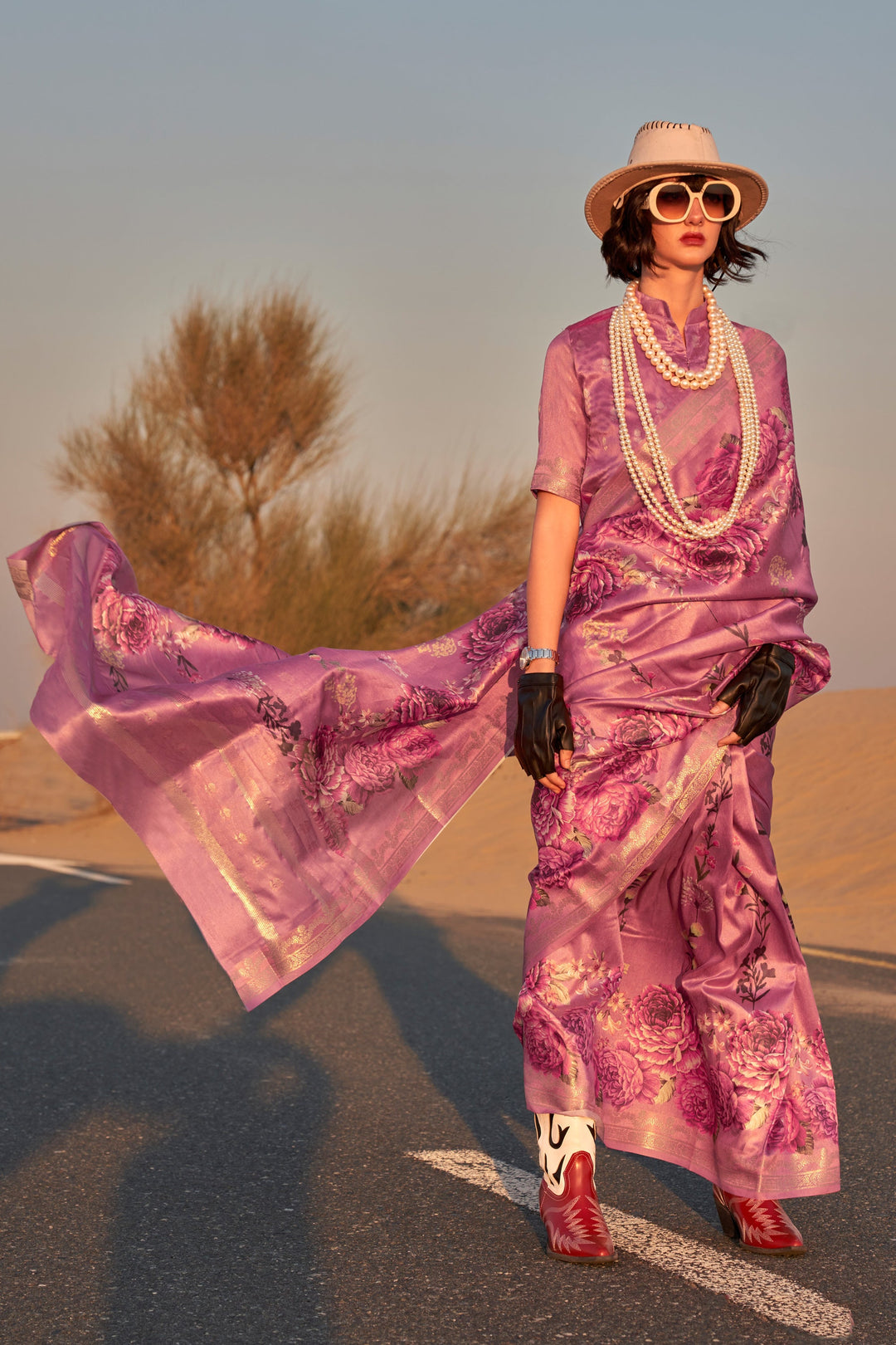 Pink Color Fascinating Floral Printed Art Silk Saree | Buy Online India