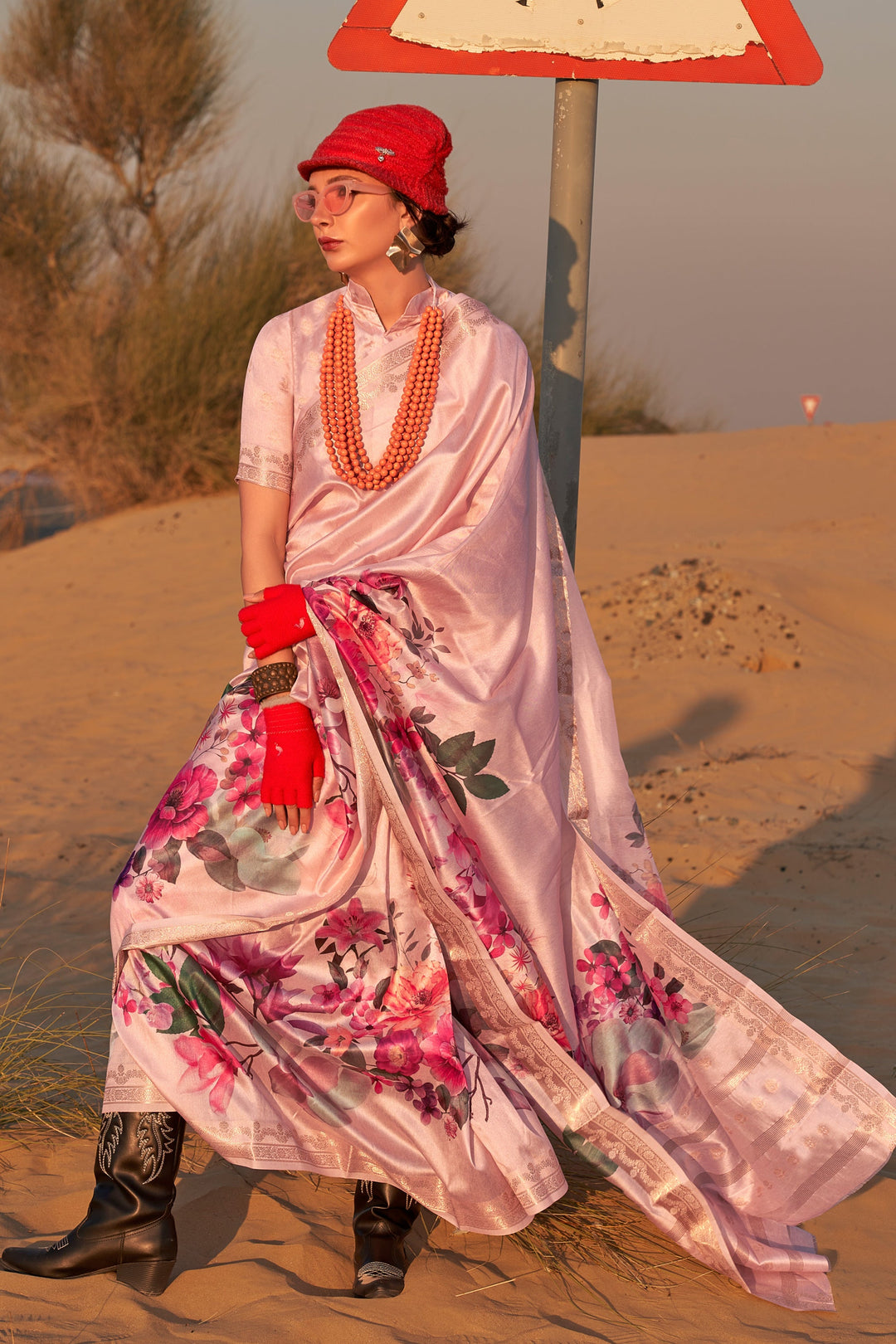 Peach Color Charismatic Floral Printed Art Silk Saree | Buy Online India