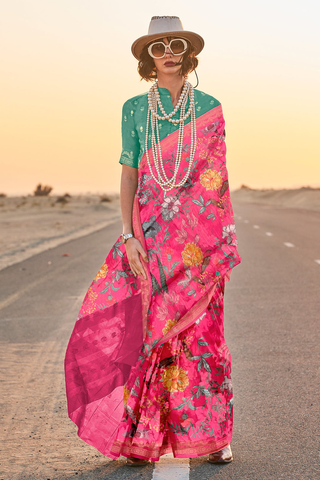 Ingenious Floral Printed Rani Color Art Silk Saree | Buy Online India