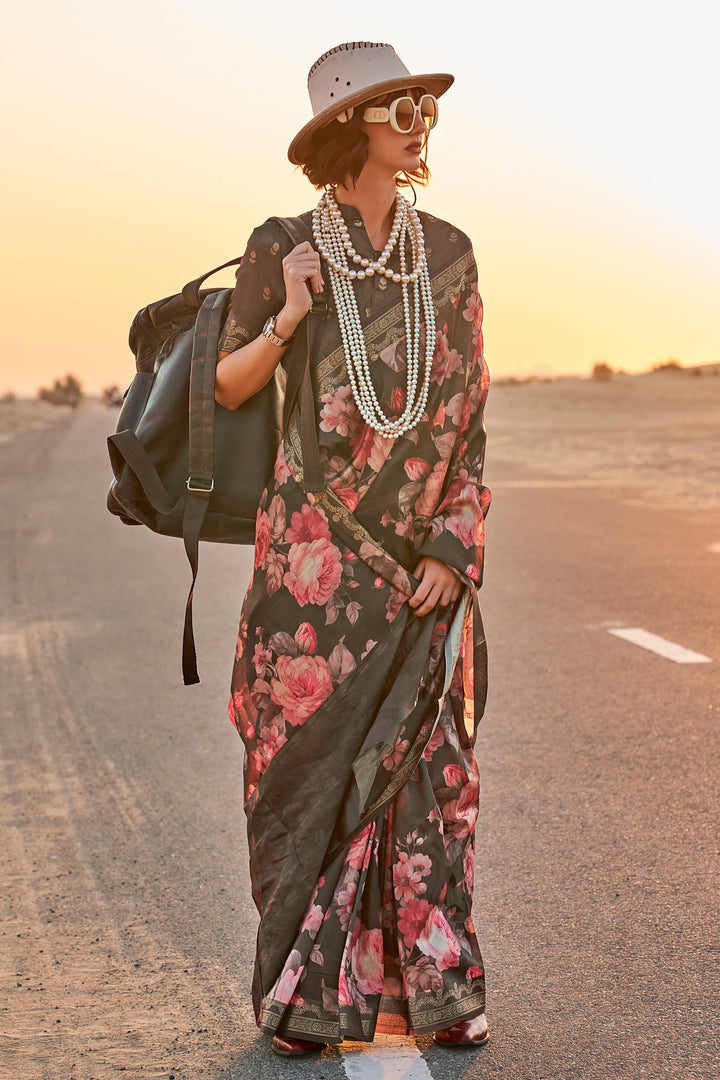 Phenomenal Floral Printed Brown Color Art Silk Saree | Buy Online India