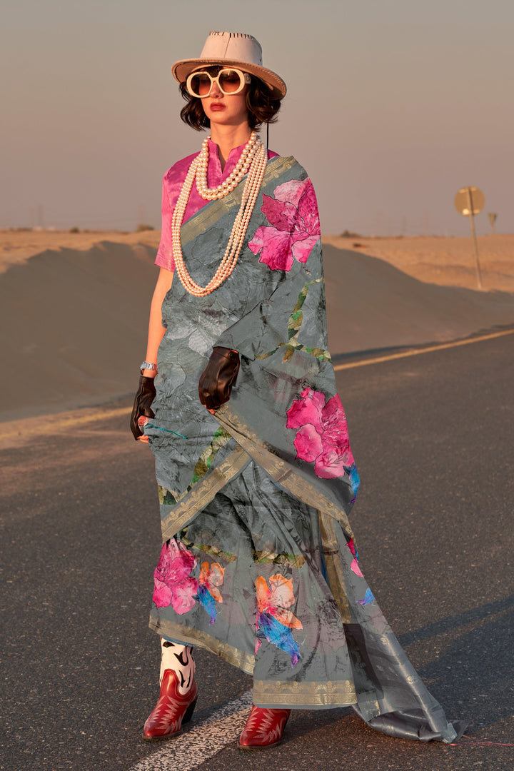 Fashionable Grey Color Floral Printed Art Silk Saree | Buy Online India