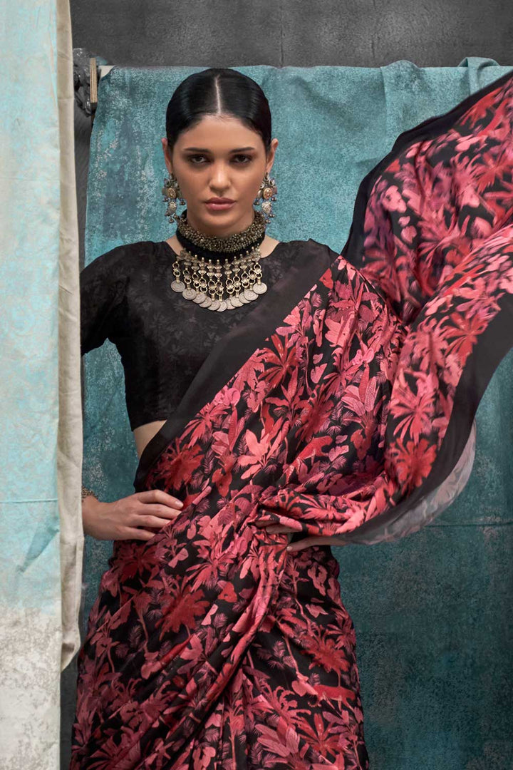 Black Color Glorious Printed Crepe Fabric Saree | Buy Online India