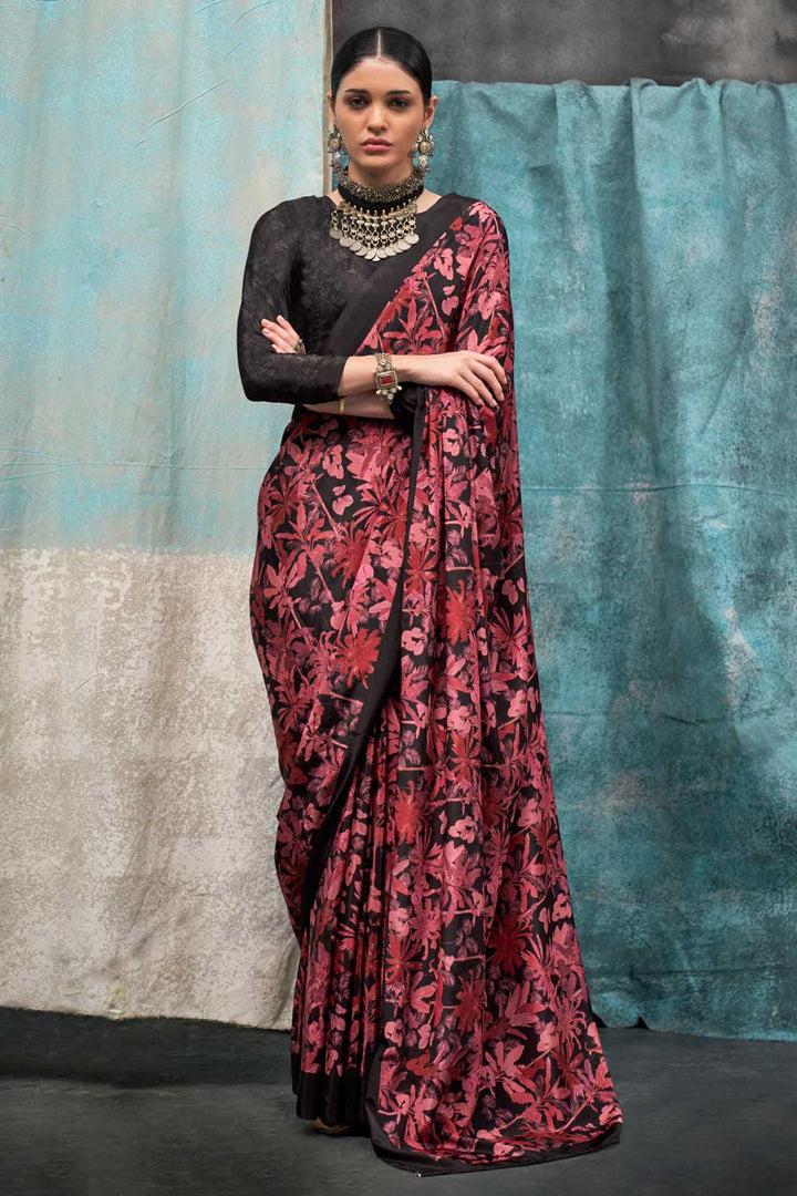 Black Color Glorious Printed Crepe Fabric Saree | Buy Online India