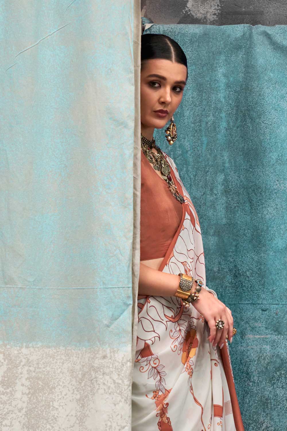 Delicate Off White Color Printed Crepe Fabric Saree | Buy Online India