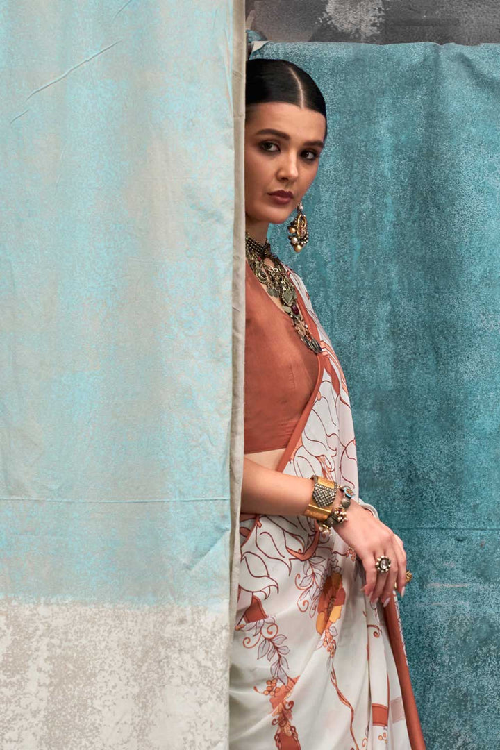 Delicate Off White Color Printed Crepe Fabric Saree | Buy Online India