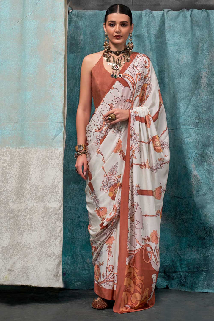 Delicate Off White Color Printed Crepe Fabric Saree | Buy Online India