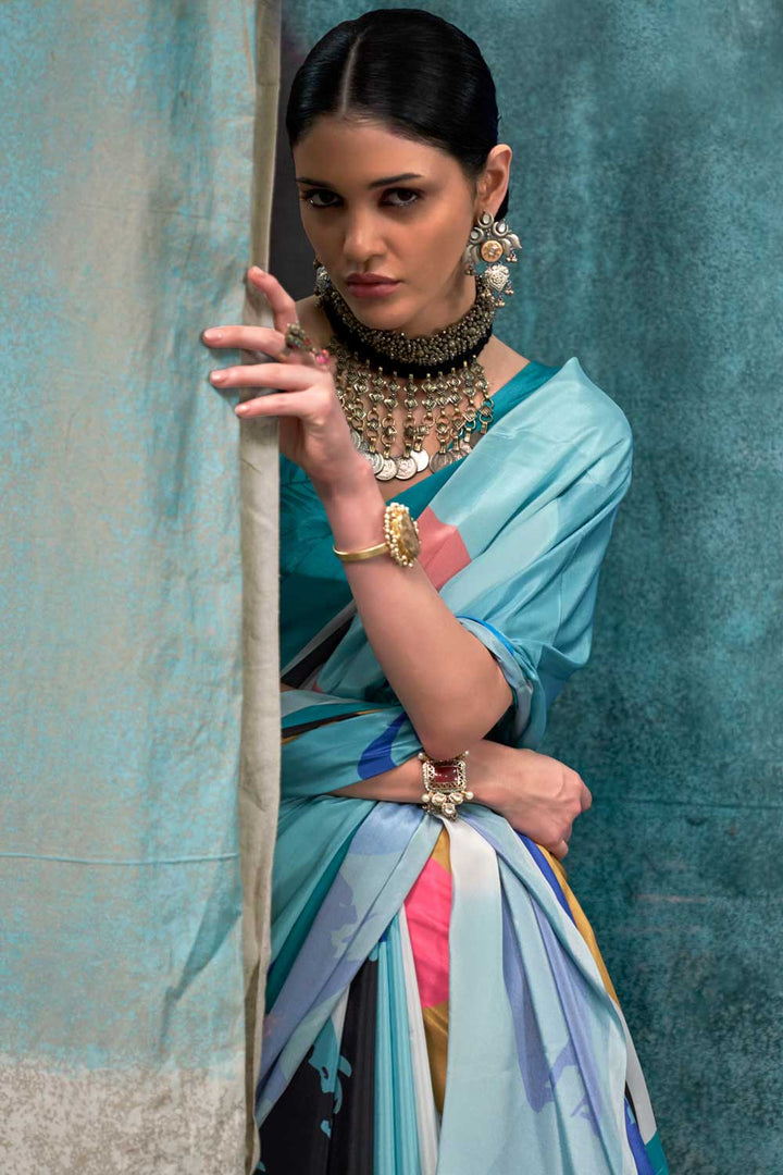 Blazing Multi Color Printed Crepe Fabric Saree | Buy Online India