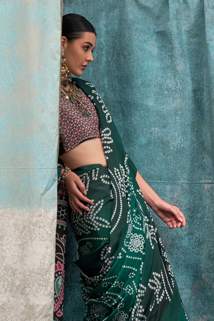 Green Color Glamorous Printed Crepe Fabric Saree | Buy Online India