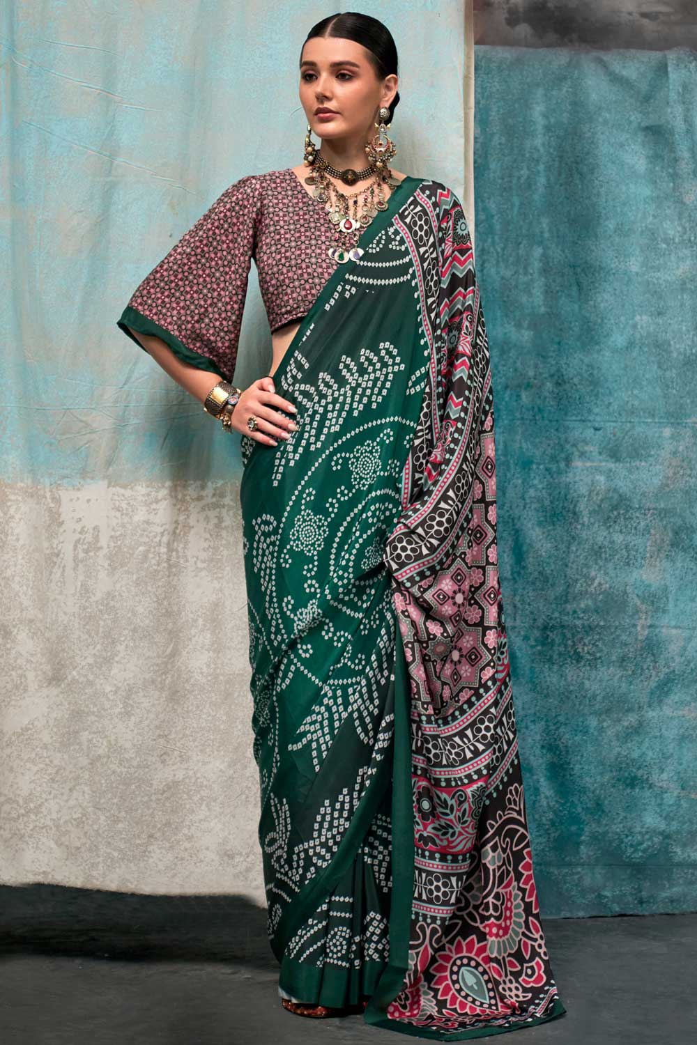 Green Color Glamorous Printed Crepe Fabric Saree | Buy Online India