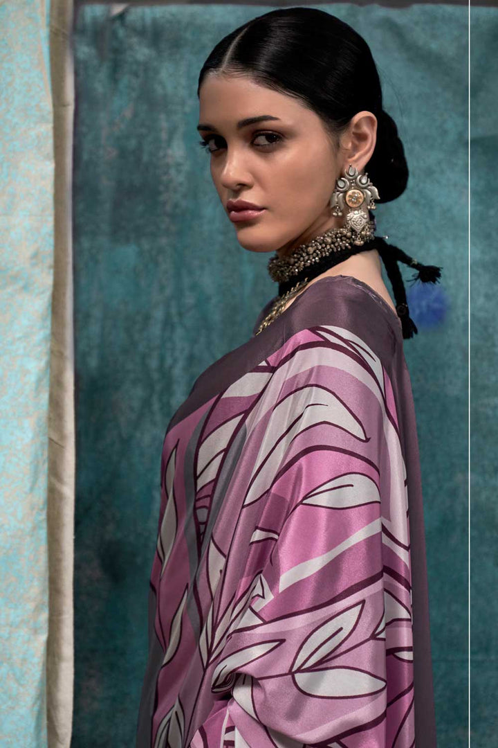 Grey Color Exquisite Printed Crepe Fabric Saree | Buy Online India