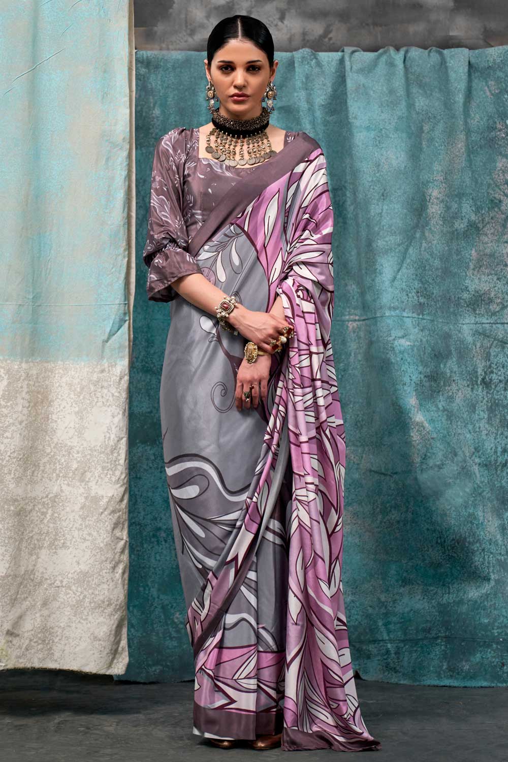 Grey Color Exquisite Printed Crepe Fabric Saree | Buy Online India