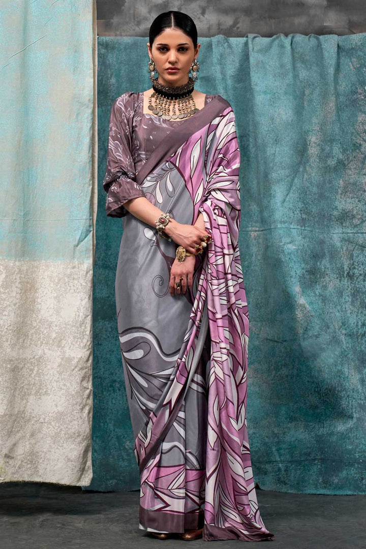 Grey Color Exquisite Printed Crepe Fabric Saree | Buy Online India