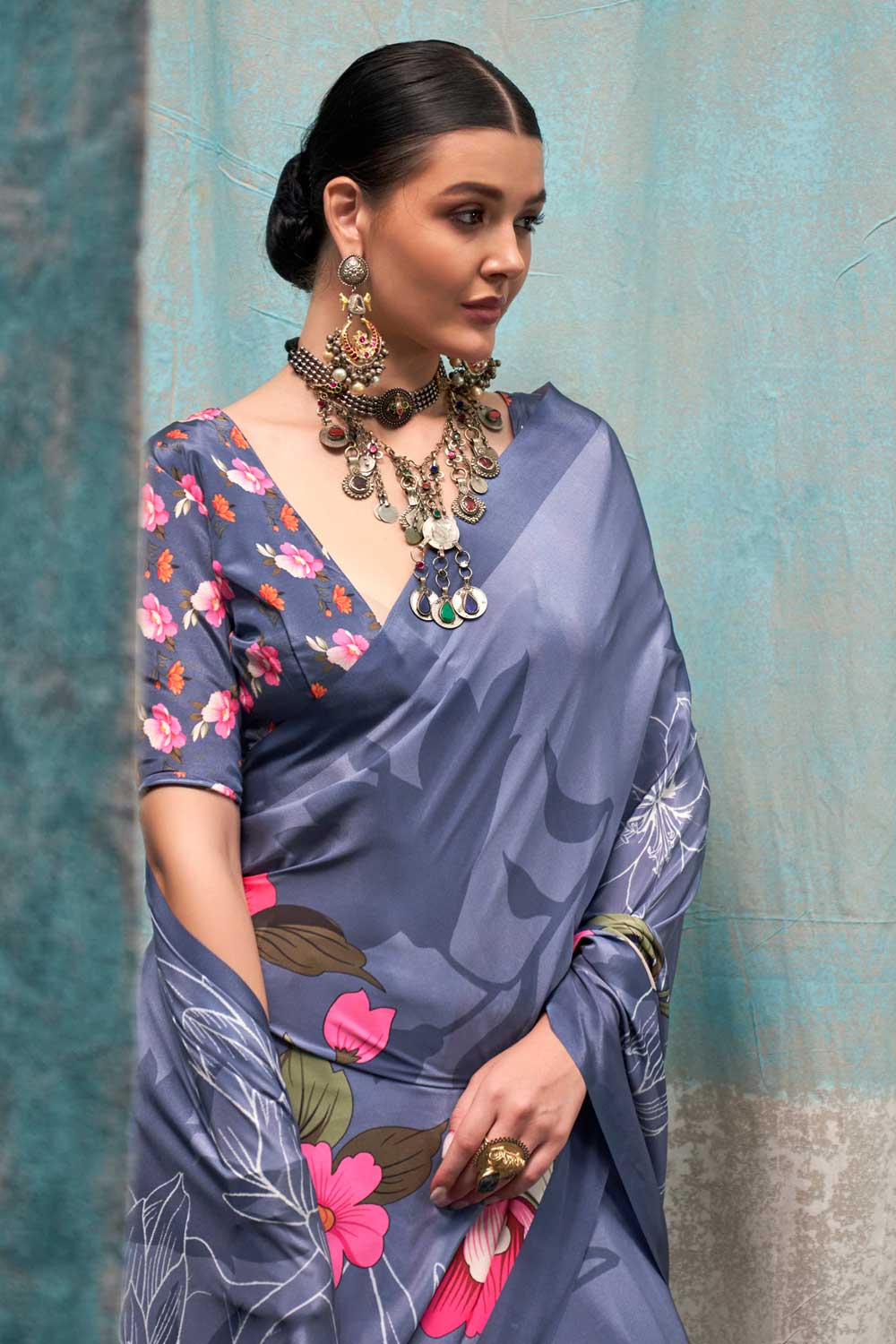 Attractive Printed Crepe Fabric Saree In Dark Grey Color | Buy Online India