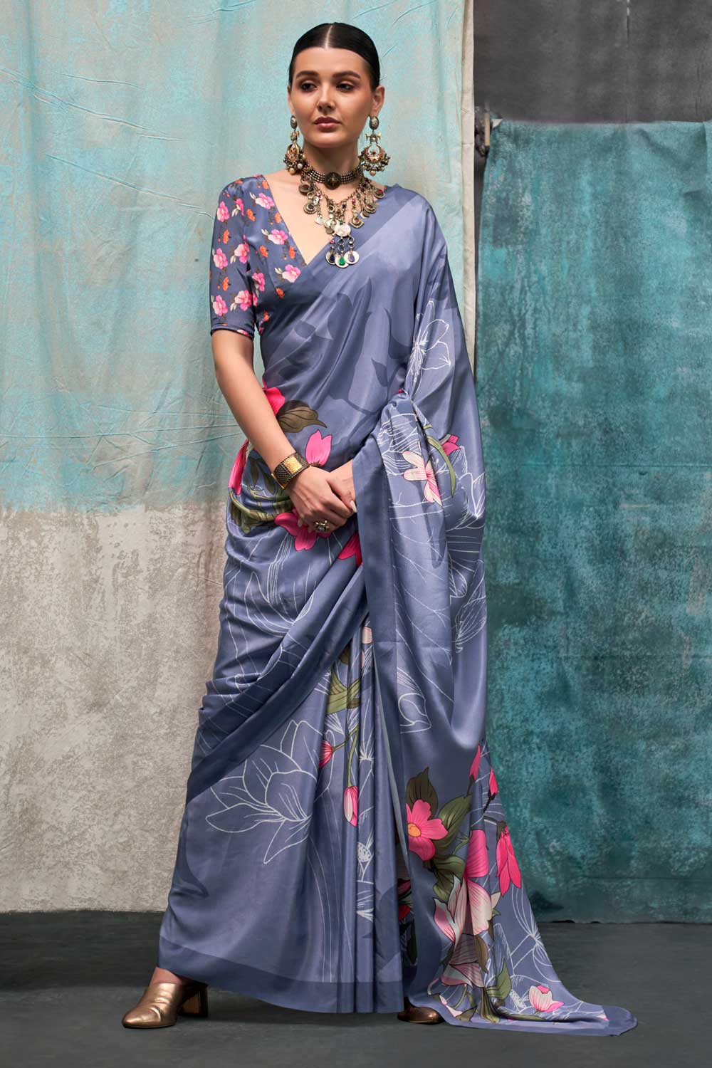 Attractive Printed Crepe Fabric Saree In Dark Grey Color | Buy Online India