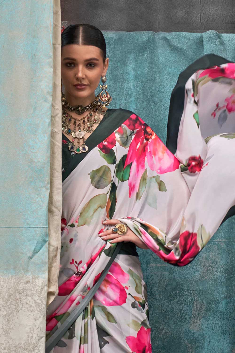 Alluring Off White Color Printed Crepe Fabric Saree | Buy Online India