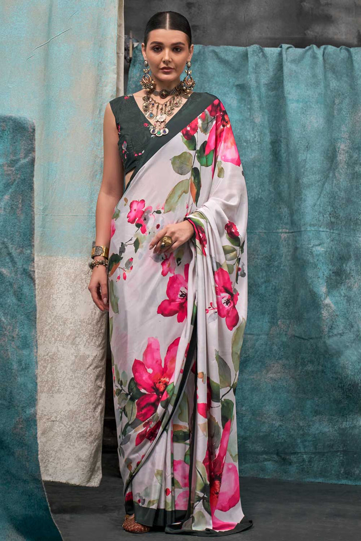 Alluring Off White Color Printed Crepe Fabric Saree | Buy Online India
