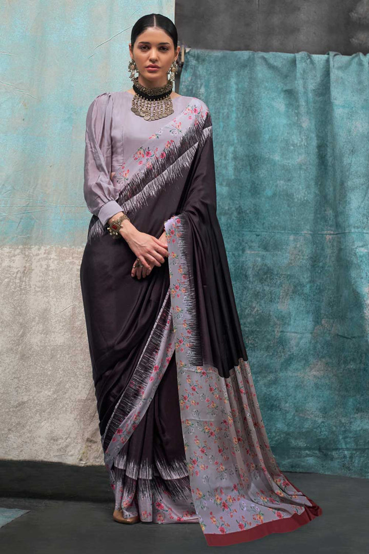 Black Color Graceful Printed Crepe Fabric Saree | Buy Online India