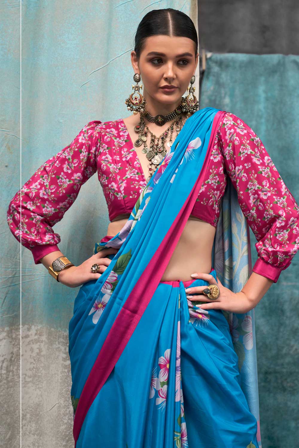 Imposing Printed Crepe Fabric Saree In Cyan Color | Buy Online India