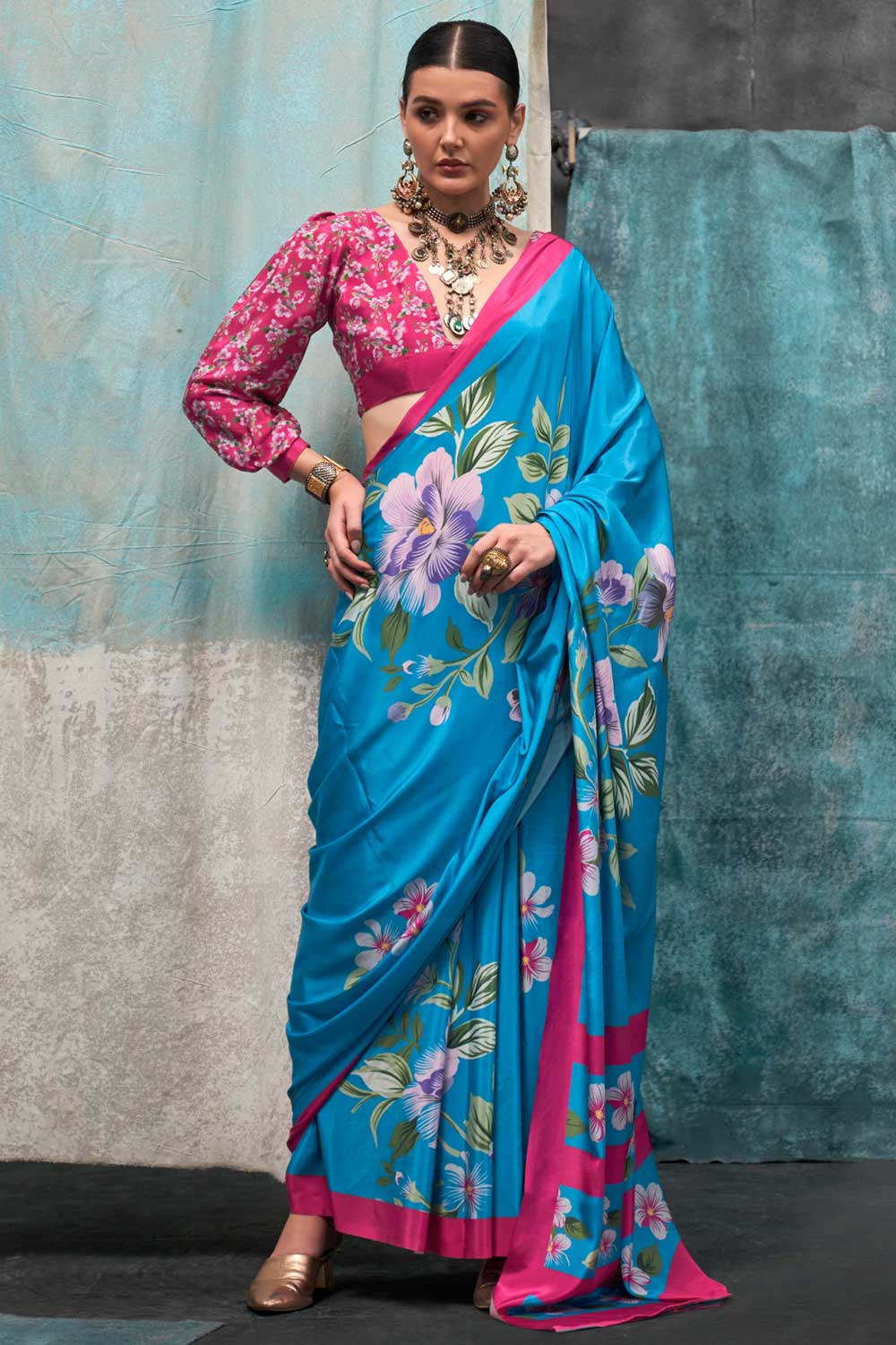 Imposing Printed Crepe Fabric Saree In Cyan Color | Buy Online India