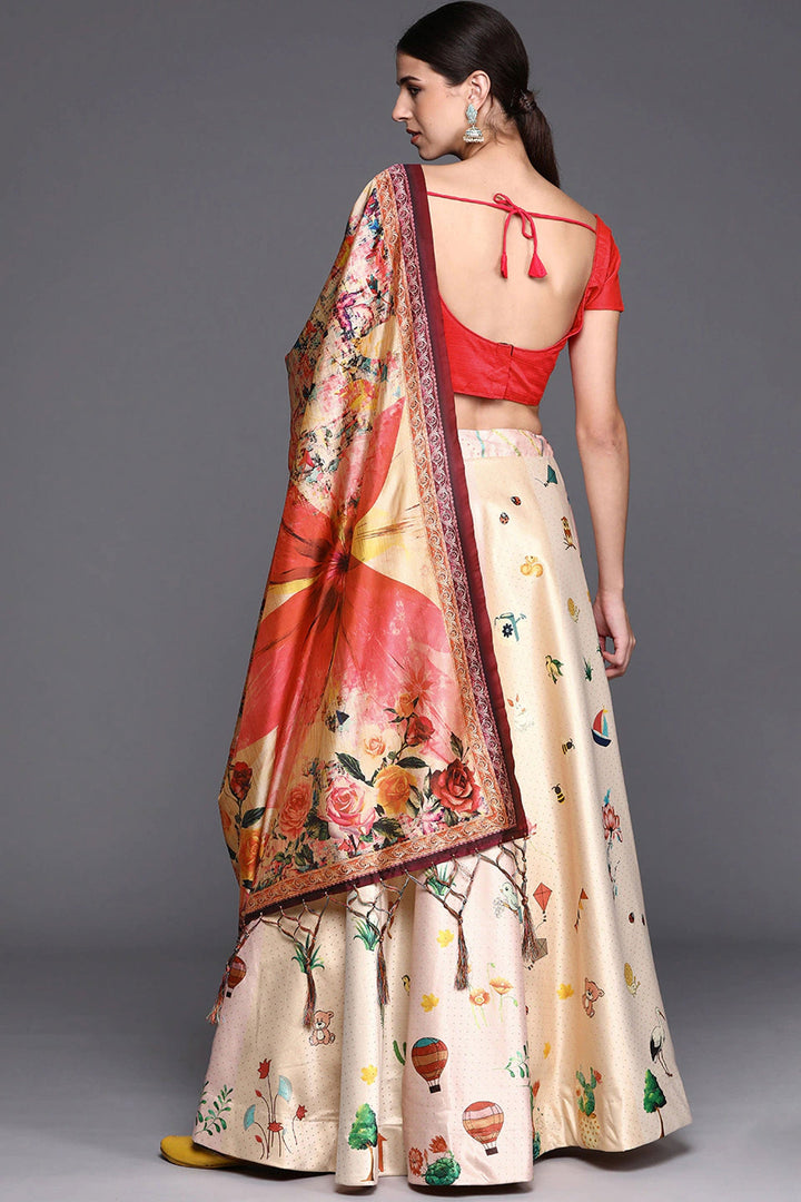 Excellent Satin Silk Fabric Beige Color Lehenga With Printed Work | Buy Online India