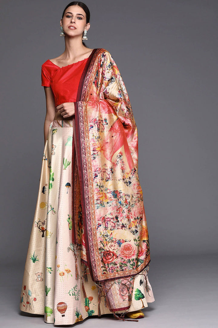Excellent Satin Silk Fabric Beige Color Lehenga With Printed Work | Buy Online India