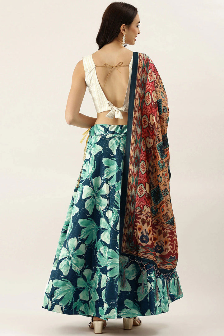 Teal Color Printed Work On Satin Silk Fabric Beatific Lehenga | Buy Online India