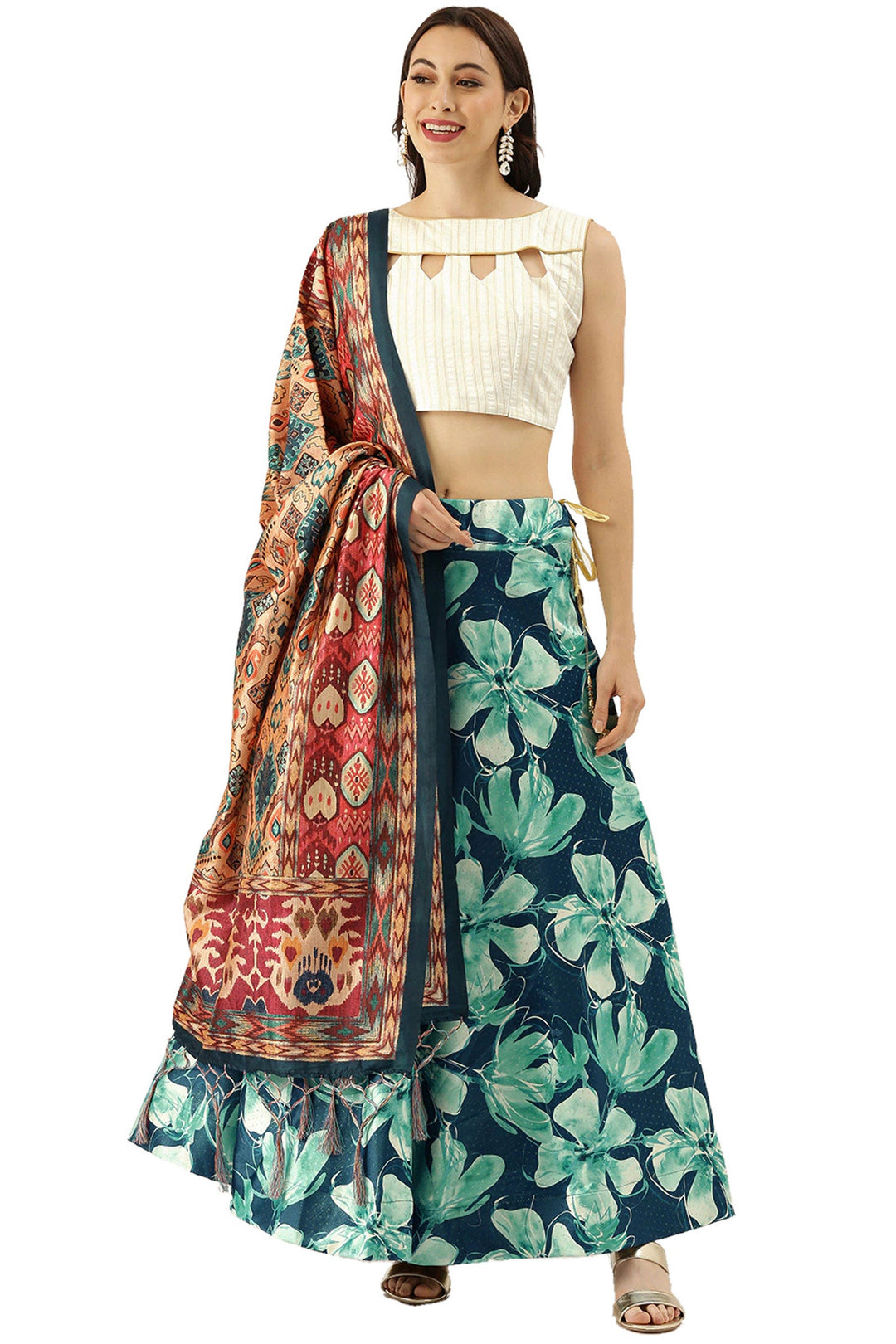 Teal Color Printed Work On Satin Silk Fabric Beatific Lehenga | Buy Online India
