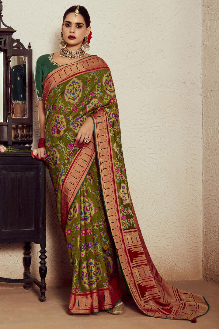 Weaving Work Imposing Brasso Fabric Saree In Olive Color | Buy Online India