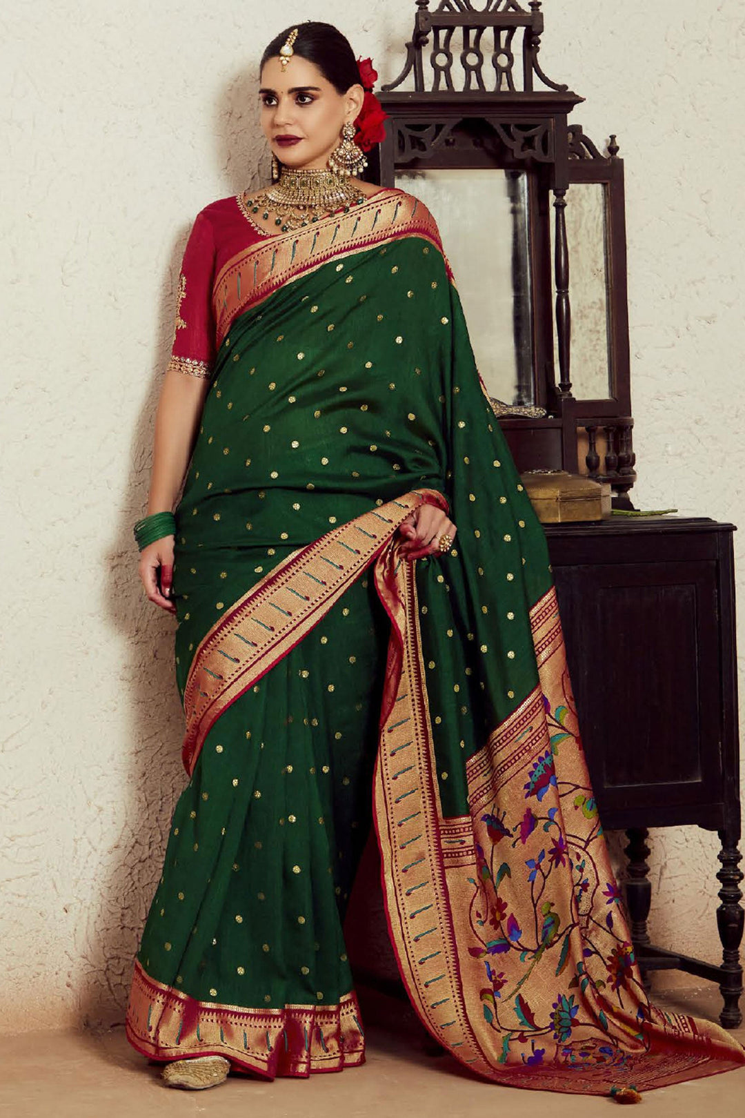 Green Color Glorious Brasso Fabric Saree With Weaving Work | Buy Online India