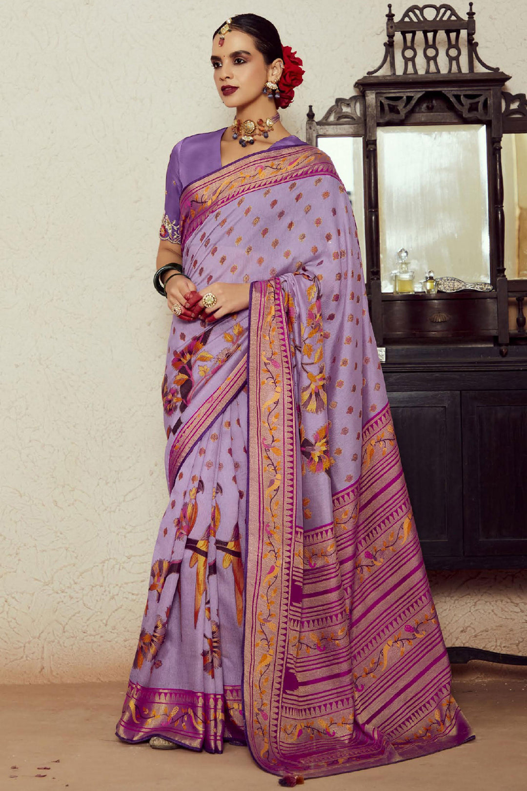 Delicate Lavender Color Weaving Work Brasso Fabric Saree | Buy Online India