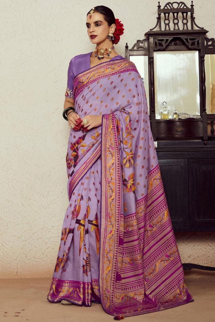 Delicate Lavender Color Weaving Work Brasso Fabric Saree | Buy Online India