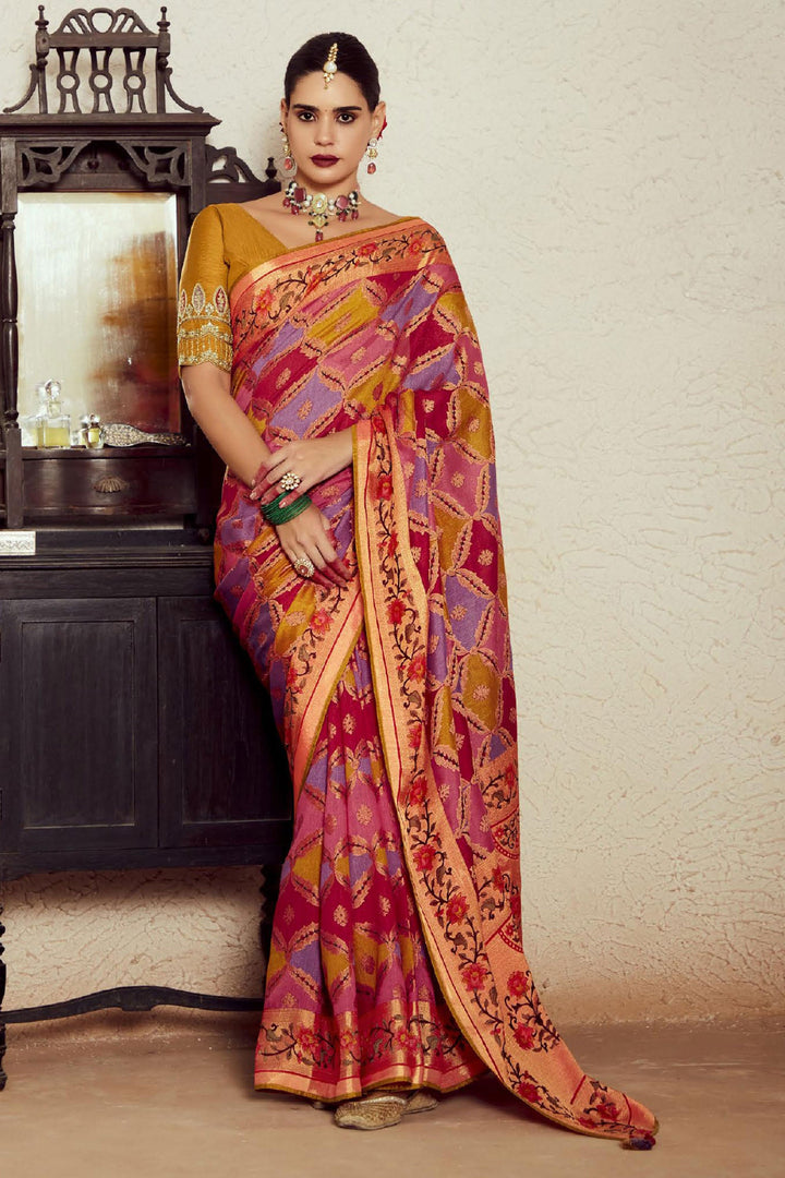 Blazing Multi Color Weaving Work Brasso Fabric Saree | Buy Online India