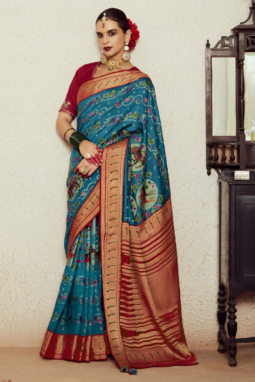 Cyan Color Weaving Work Glamorous Brasso Fabric Saree | Buy Online India