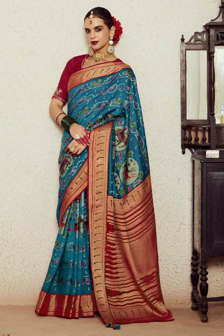 Cyan Color Weaving Work Glamorous Brasso Fabric Saree | Buy Online India