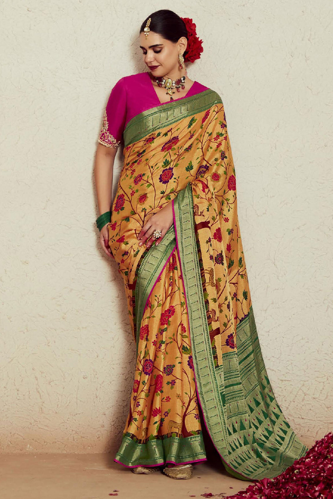 Cream Color Exquisite Weaving Work Brasso Fabric Saree | Buy Online India