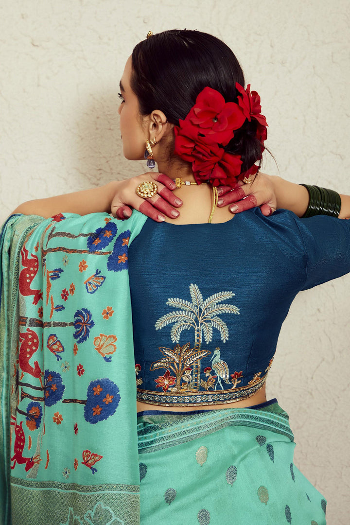 Weaving Work Attractive Brasso Fabric Saree In Light Cyan Color | Buy Online India