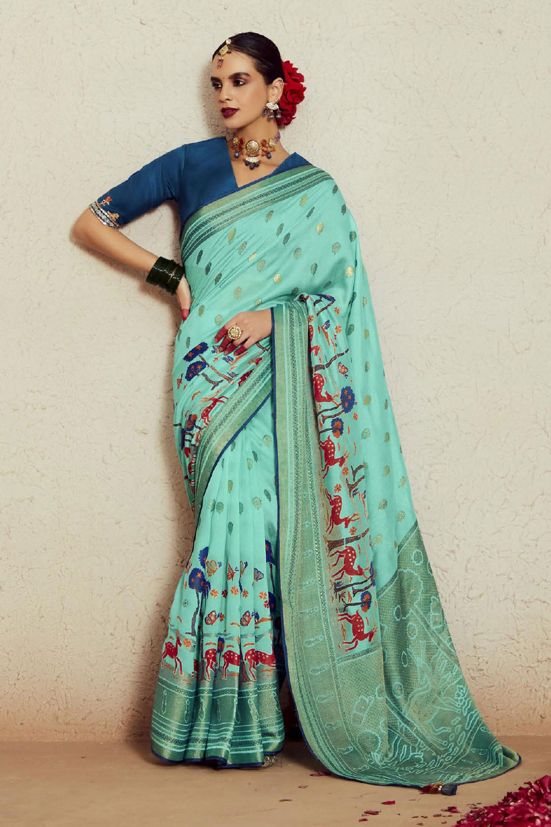 Weaving Work Attractive Brasso Fabric Saree In Light Cyan Color | Buy Online India