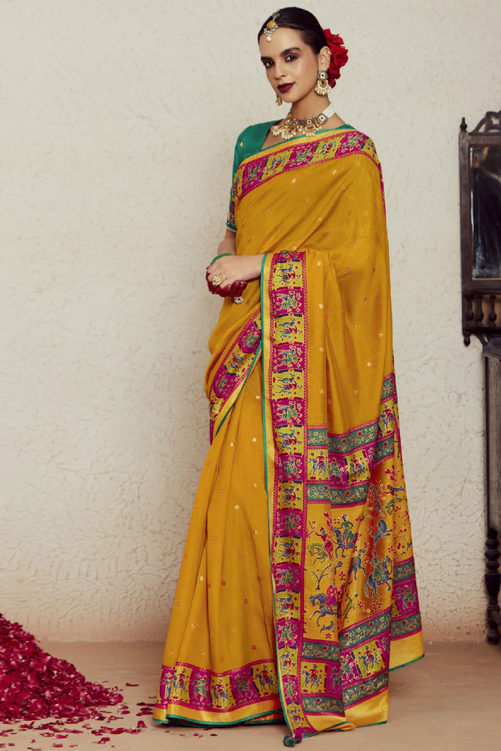 Alluring Mustard Color Weaving Work Brasso Fabric Saree | Buy Online India