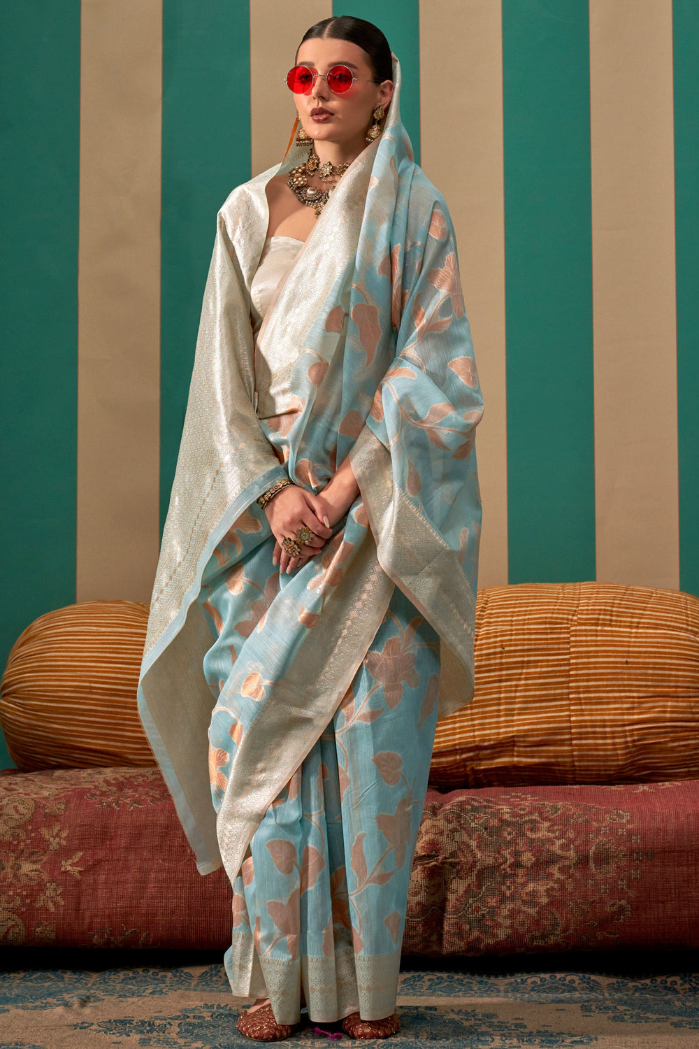 Appealing Weaving Work On Art Silk Fabric Function Wear Saree In Light Cyan Color | Buy Online India