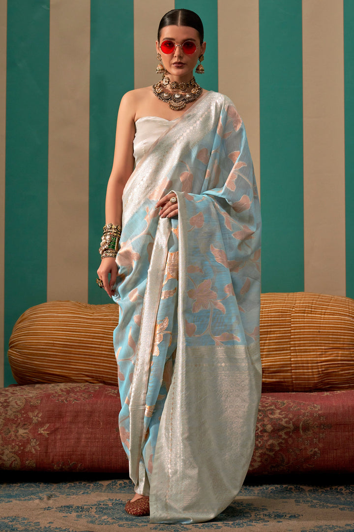 Appealing Weaving Work On Art Silk Fabric Function Wear Saree In Light Cyan Color | Buy Online India