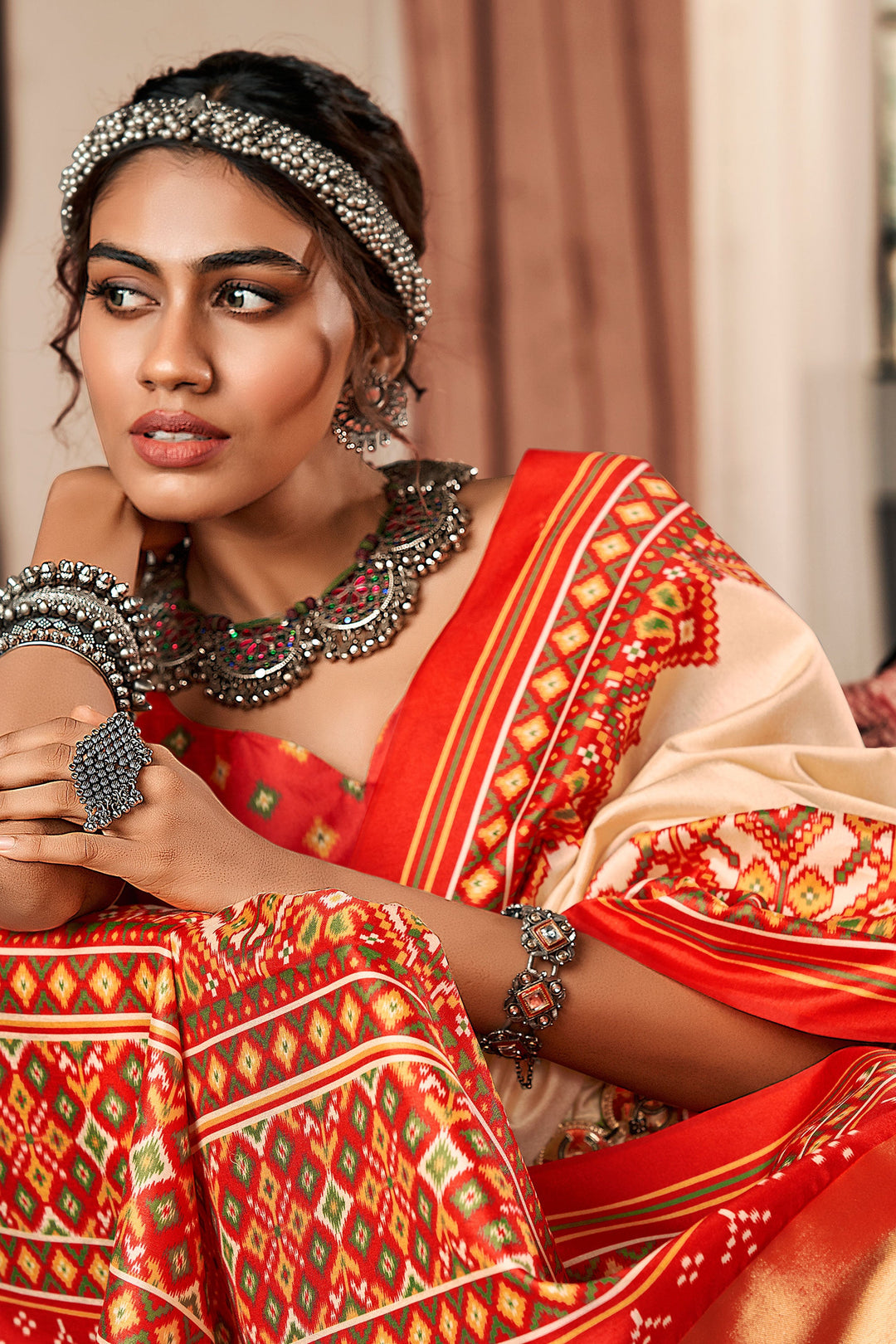 Imposing Pure Tusser Patola Printed Saree In Beige Color | Buy Online India