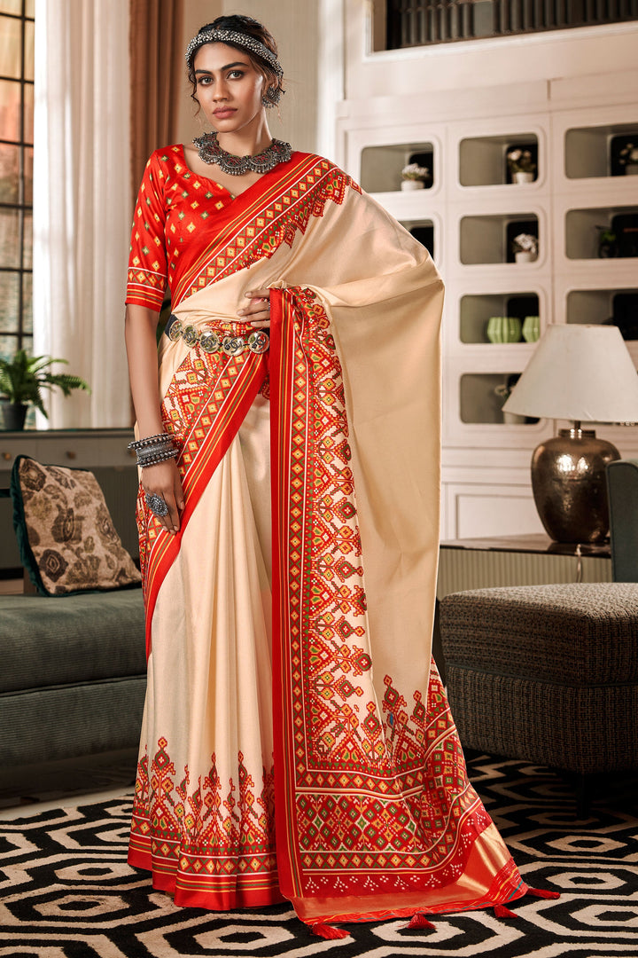 Imposing Pure Tusser Patola Printed Saree In Beige Color | Buy Online India