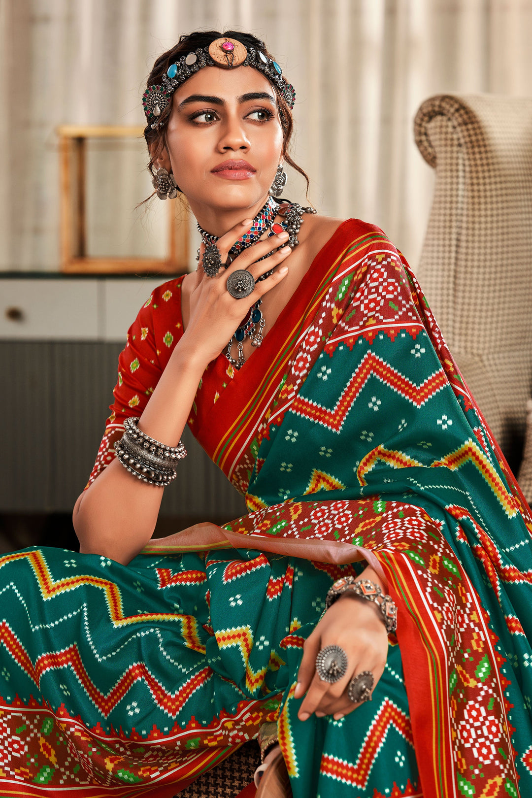 Delicate Green Color Pure Tusser Patola Printed Saree | Buy Online India
